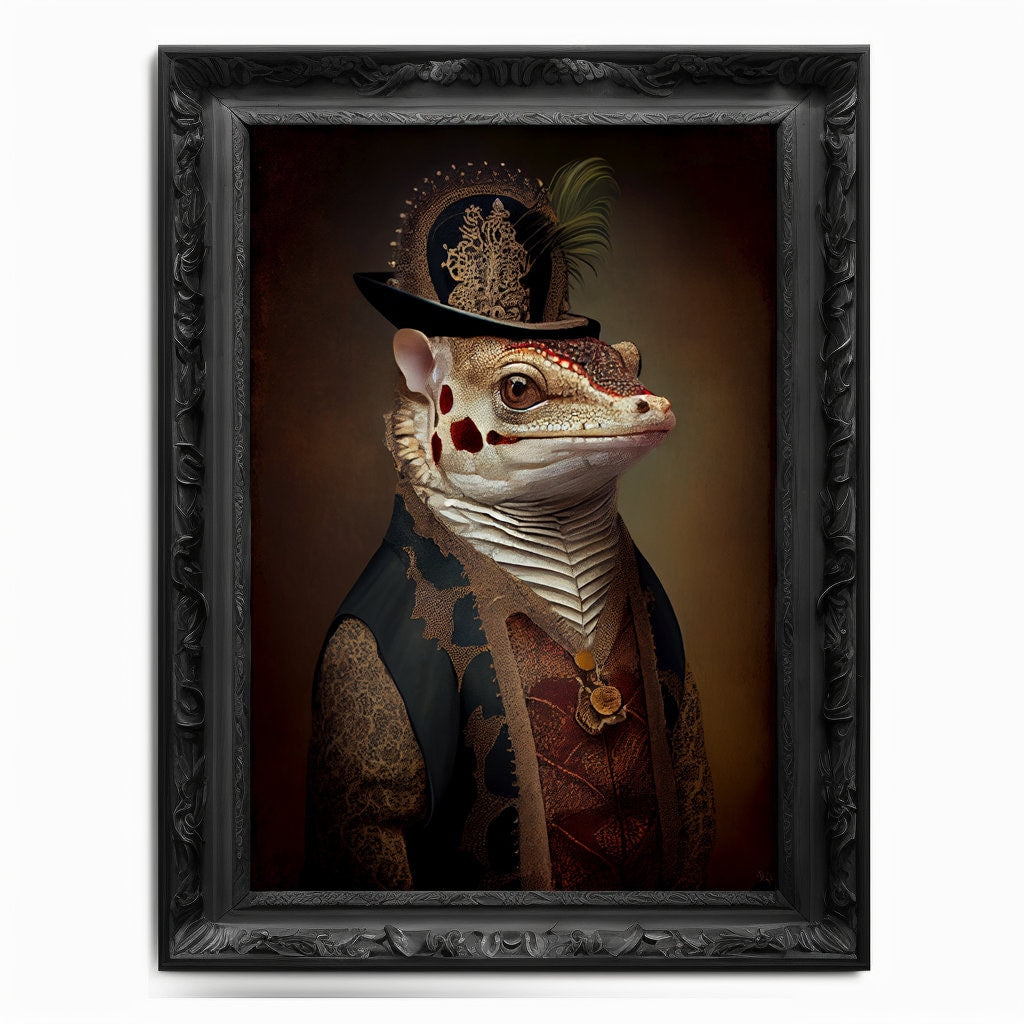 Gecko Wall Art Print, Animal Lover Vintage Regal Gecko Art Print Poster Renaissance. Victorian Gecko Portrait, Royal Painting Home Pet Gift - Wall Art Poster Print