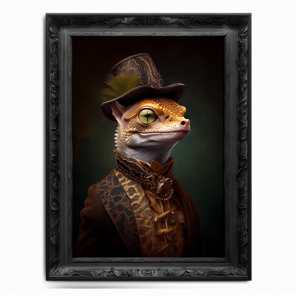 Gecko Wall Art Print, Animal Lover Vintage Regal Gecko Art Print Poster Renaissance. Victorian Gecko Portrait, Royal Painting Home Pet Gift - Wall Art Poster Print