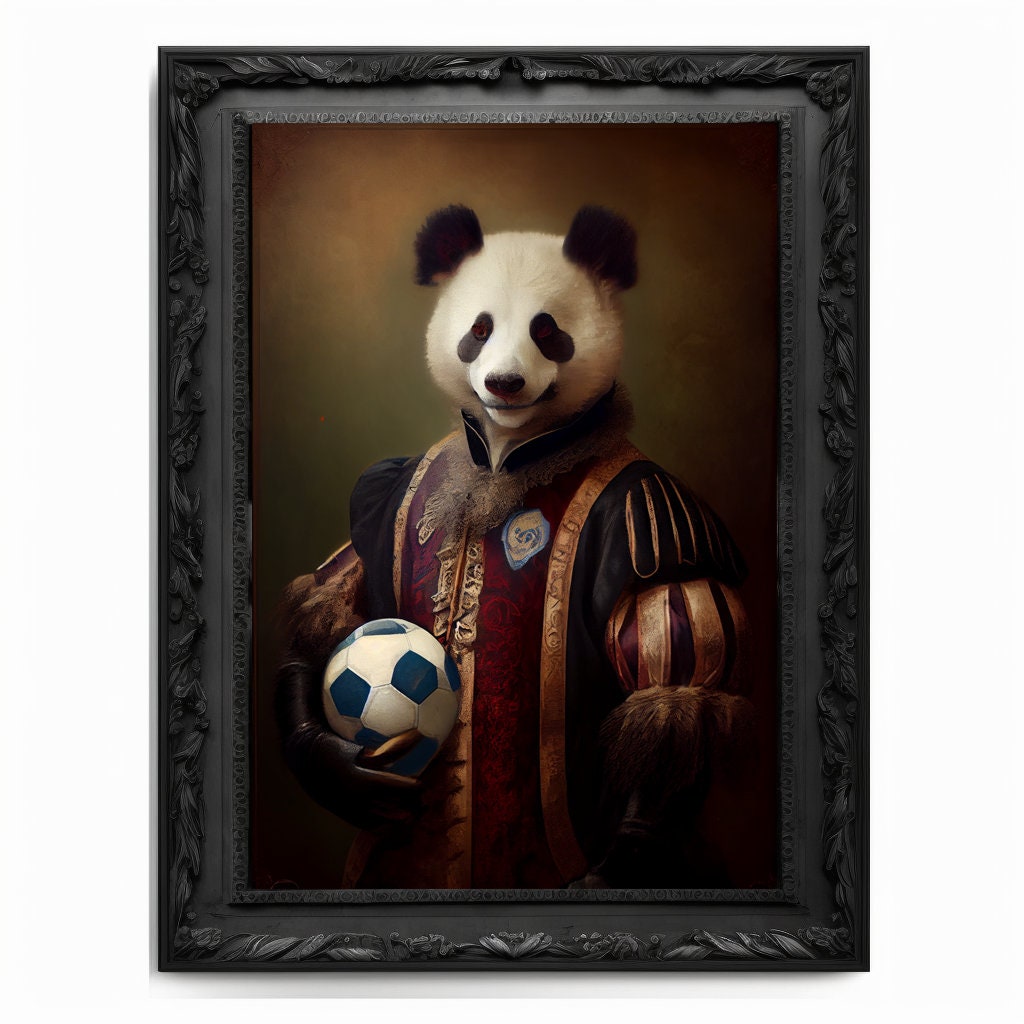 Soccer Panda Wall Art Print, Football Lover Vintage Regal Art Poster Renaissance. Victorian Football Panda Portrait, Royal Painting Pet Gift