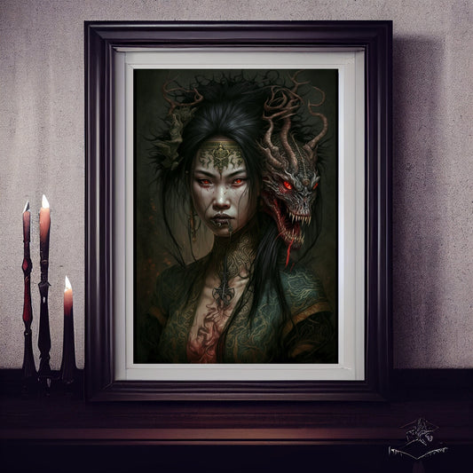 Geisha Art Print Demonic Geisha Art Print Poster in Renaissance Style Demon Geisha Poster Gothic Art Occult Painting Minimalist Wall Art
