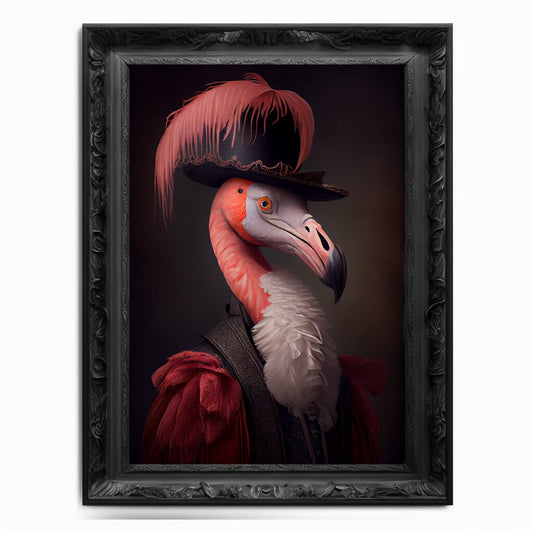 Flamingo Wall Art Print,  Animal Lover Vintage Regal Flamingo Art Poster Renaissance. Victorian Flamingo Portrait, Royal Painting Home Gift - Wall Art Poster Print
