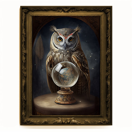 Crystal Ball Seer Owl Portrait, Owl Poster, Animal Painting, Altered Art, Magic Owl, Regal Vintage Art, Unique Prints, Pet Gift, Wizard Gift